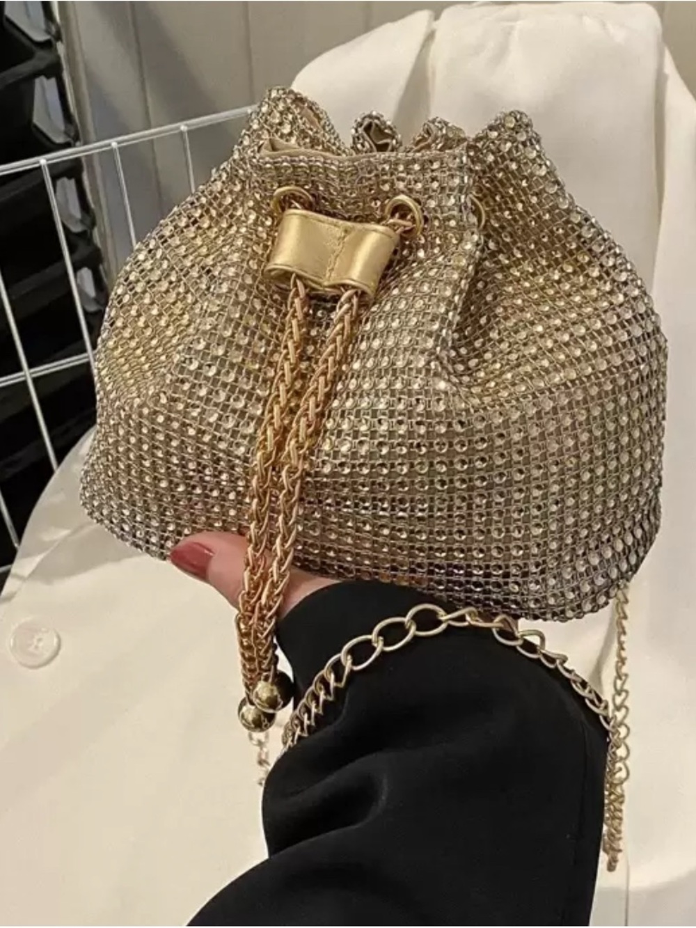 Gold Crystal Drawstring Evening Bag